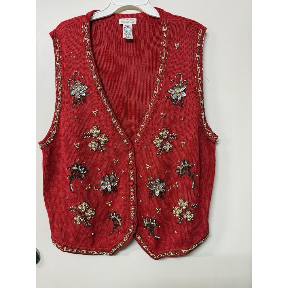 Vintage Yarnworks Beaded Jeweled Red Sweater Vest size XXL 24  Grandmacore